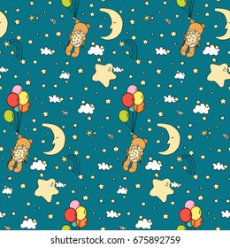 Teddy bear in good night seamless background
