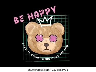 teddy bear graffiti hand drawn illustration with slogan print design