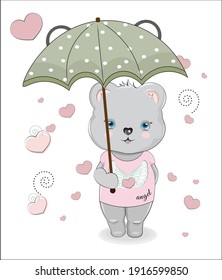 Teddy bear, in Graphic Tee and umbrella,  picture in hand drawing cartoon style, for t-shirt wear fashion print design, greeting card, postcard. baby shower. party invitation