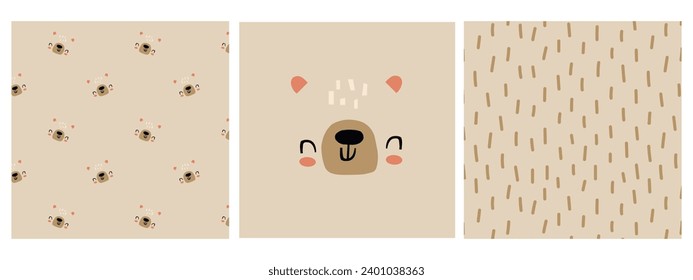 Gráficos de oso de peluche. Ilustración dibujada a mano con la cara de oso lindo y un patrón sin fisuras. Carácter animal de oso de peluche infantil. Afiche para bebés, arte en la pared de la guardería, tarjeta, decoración de la habitación.