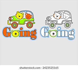 teddy bear and green koala are going to the city by antique cute car