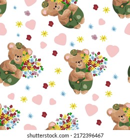 Teddybär in grüner Hose und eine Mütze mit Blumenstrauß. Nahtloses Muster.