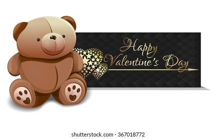 Teddy bear and greeting card for Valentine's Day. Greeting card with inscription - Happy Valentine's Day. Vector illustration.