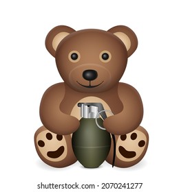 Oso de peluche con granada sobre fondo blanco. Ilustración vectorial.