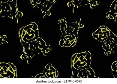 Teddy bear grunge drawing. Seamless pattern repeating texture background design for fashion graphics, textile prints, fabrics.