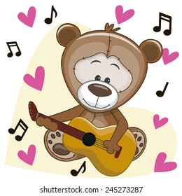 Teddy Bear with a guitar on background music and hearts 