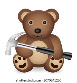Teddy bear with hammer on a white background. Vector illustration.