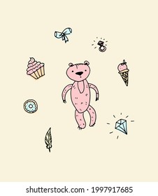 Teddy bear. Hand drawn children's color doodle illustration. Vector.