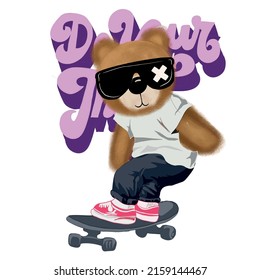 Teddy bear hand drawn bear toy slogan with bear doll illustration on black background pink heart slogan text in pink Design for t shirts, prints, posters, stickers,