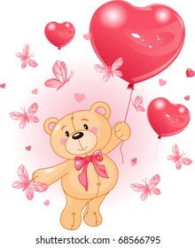 Valentine?s Teddy Bear Hanging from a heart shape Balloons