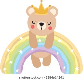 Teddy bear hanging on magic rainbow
