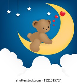 Teddy bear happily sitting on the moon with stars, clouds and night sky background, vector illustration