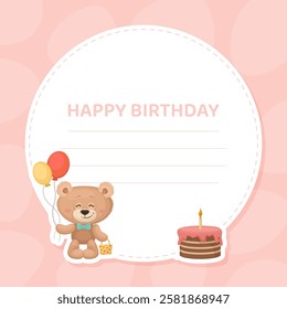 Teddy Bear Happy Birthday Card Design with Cute Fluffy Animal Vector Template