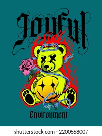 teddy bear and happy emoji icon   rose   barbed wire hand drawn illustrations and flames   slogan 