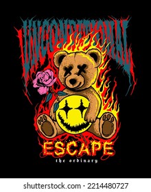 teddy bear  happy emoji icon   rose and flames illustrations   slogan  wording in grunge metal music style 