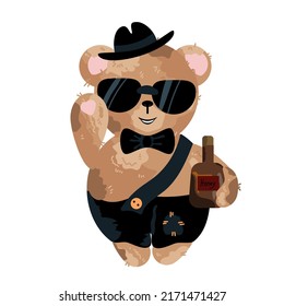 Teddy bear in a hat and black glasses with a bottle of honey.