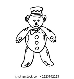 Teddy bear in a hat with a bow, doodle battered toy