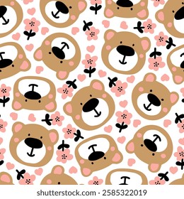 Teddy bear head. Animals seamless pattern. Cute teddy bears, flower, heart on white background. Funny cartoon cub bears for nursery wallpaper, kindergarten decor, baby shower product. Fabric ornament.