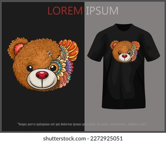 teddy bear head mandala art isolated on black t shirt.