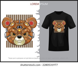 Teddybär Kopf mecha Roboter Maskottchen einzeln auf schwarzem T-Shirt.
