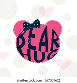 teddy bear head with ribbon on polka dot background, T-shirt design vector illustration