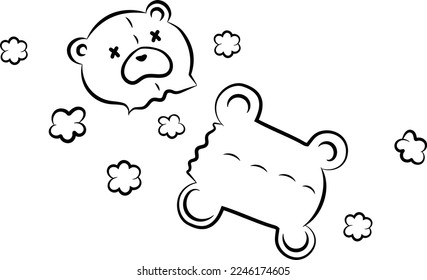 A teddy bear with its head torn off, a sad teddy bear.  Vector black and white illustration.