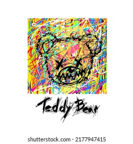 teddy bear head toy punk style with abstract colorful line background for t-shirt print design vector illustration and slogan "Teddy Bear"