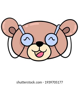 teddy bear head wearing glasses with a happy smiling face. doodle icon drawing, vector illustration cartoon emoticon