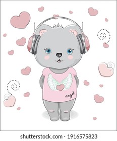 Teddy bear, in headphones, Graphic Tee,  picture in hand drawing cartoon style, for t-shirt wear fashion print design, greeting card, postcard. baby shower. party invitation
