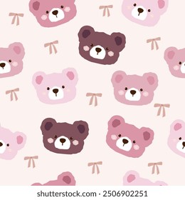 teddy bear heads and striped white brown bows seamless pattern , vector illustration