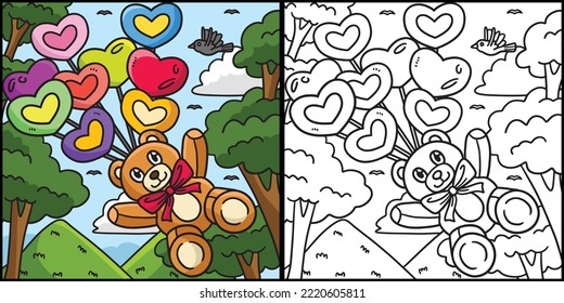 Teddy Bear Heart Balloons Coloring Illustration