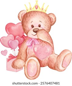 Teddy bear with heart balloons vector, Valentine teddy bear with pink heart balloons vector, watercolor teddy bear