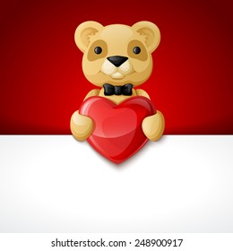 teddy bear with heart behind blank banner, Valentine background vector illustration