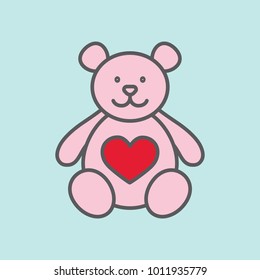 teddy bear with heart color line flat icon on blue background