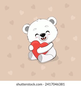 teddy bear with heart. Cute cartoon polar bear isolated on background with hearts. Postcard for Valentine's Day. Vector illustration