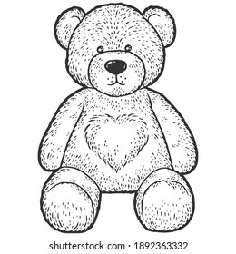 Teddy bear with heart. Engraving vector illustration.