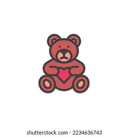 Oso de peluche con icono de contorno cardíaco, signo vectorial de línea, pictograma colorido lineal aislado en blanco. Símbolo, ilustración del logotipo. Gráficos vectoriales