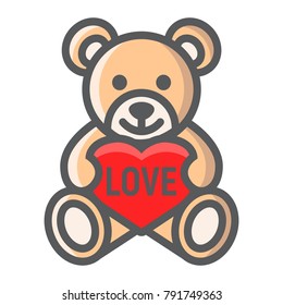 Teddy bear with heart filled outline icon, valentines day and romantic, toy sign vector graphics, a colorful line pattern on a white background, eps 10.