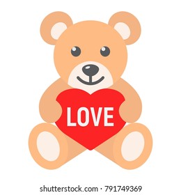 Teddy bear with heart flat icon, valentines day and romantic, toy sign vector graphics, a colorful solid pattern on a white background, eps 10.