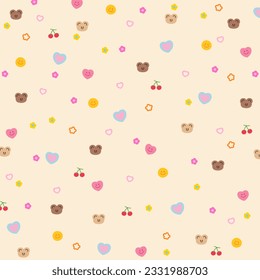 Teddy bear, heart, flowers and cherry wallpaper, background, backdrop, fabric, banner, ad template, phone case, frame and social media post. Cute summer print. Vector illustration
