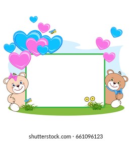 Teddy bear with heart frame. Color vector illustration.