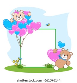 Teddy bear with heart frame. Color vector illustration.