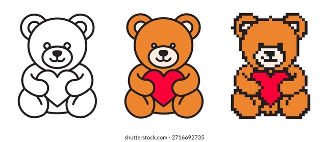 Teddy bear heart icon set: editable line art, filled color version, and pixel style design for Valentine’s Day. Perfect for romantic cards, apps, and festive branding.