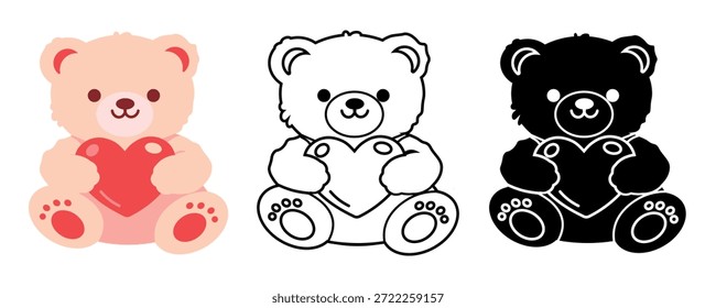 Oso de peluche con conjunto de iconos de corazón, contorno y versión de color. Lindo oso de peluche con corazón. Ilustración vectorial en estilo de dibujos animados.