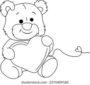 Teddy bear with heart line drawing illustration, valentine teddy with heart line art