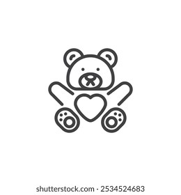 Oso de peluche con el icono de la línea del corazón. signo de estilo lineal para el concepto móvil y el Diseño web. Un oso de peluche sosteniendo un ícono de Vector de contorno de corazón. Símbolo, ilustración del logotipo. Gráficos de Vector