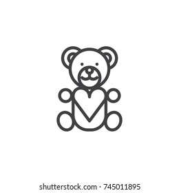 Teddy bear with heart line icon, outline vector sign, linear style pictogram isolated on white. Love and valentine's day symbol, logo illustration. Editable stroke