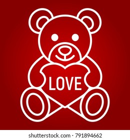 Teddy bear with heart line icon, valentines day and romantic, toy sign vector graphics, a linear pattern on a red background, eps 10.