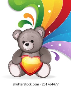 Teddy bear with heart on abstract rainbow background