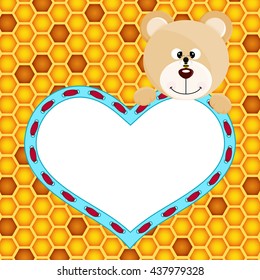 Teddy bear with heart on honeycomb background
